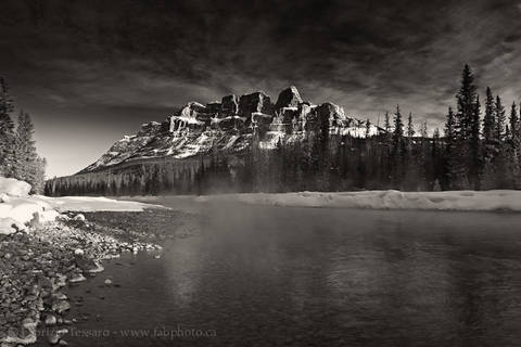 CASTLE MOUNTAIN and FOG on the BOW RIVER