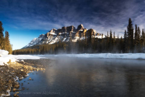 CASTLE MOUNTAIN and FOG on the BOW RIVER