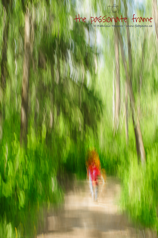 An Impressionistic rendition of a man out for a walk on a beautiful day.